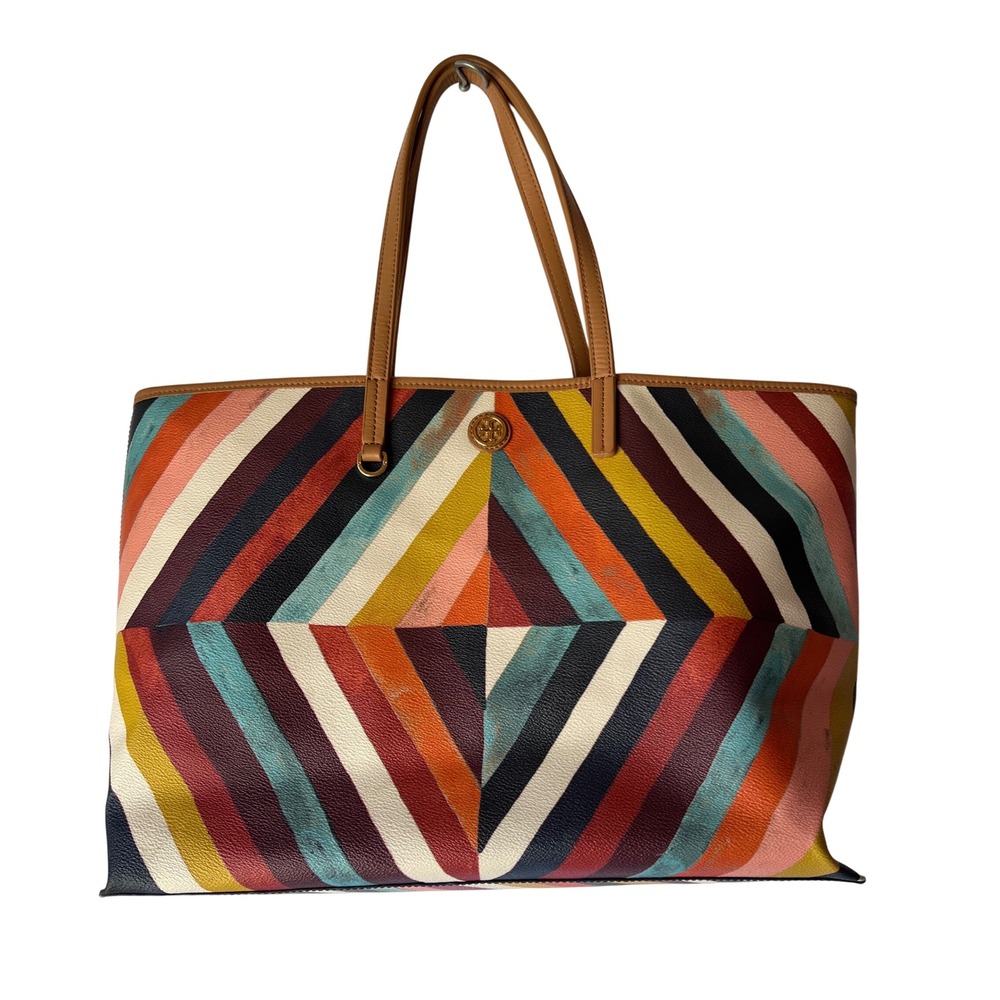 Tory Burch Kerrington Square Tote Multi Color Diamond Stripe Coated‎ Canvas Bag